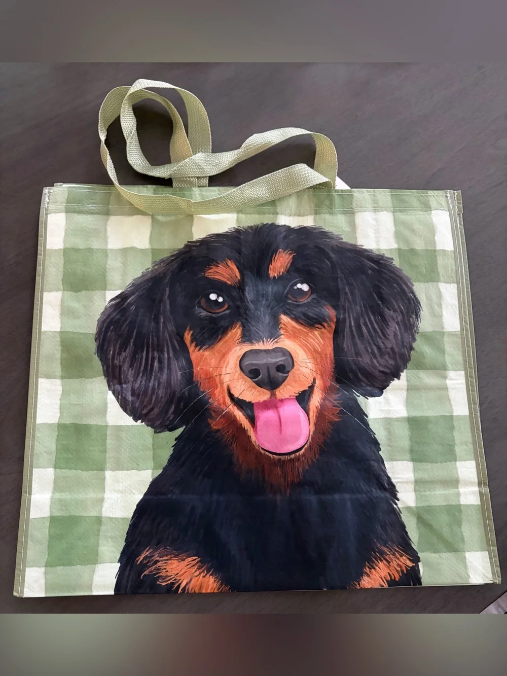 Dachshund Dog Tote Bag - Green Check with Black & Tan Design
